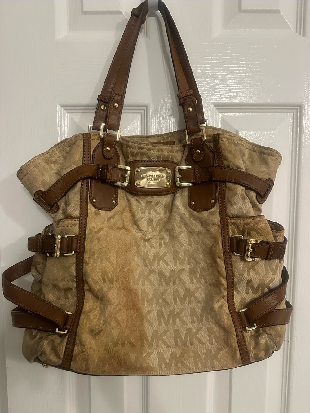 Michael Kors Signature MK Logo Large Tote Shoulder Bag – Beige/Brown